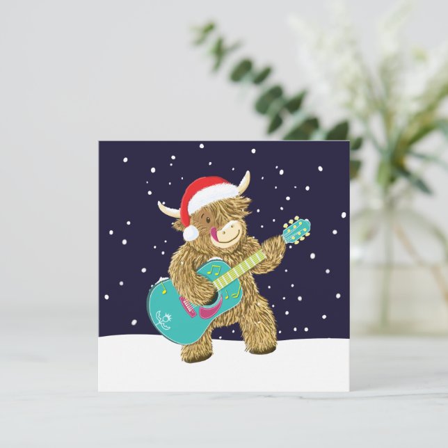 Scottish Highland Cows Plays A Christmas Guitar  Card (Standing Front)