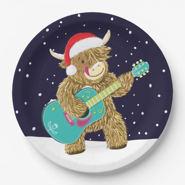 Scottish Highland Cows Plays A Christmas Guitar  Paper Plate (Front)