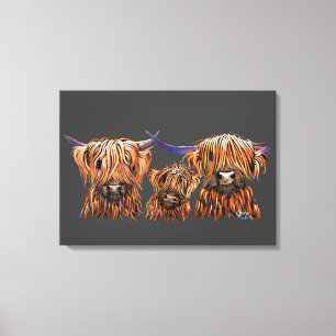Scottish Highland Cows ' The Tangerines on Gray ' Canvas Print
