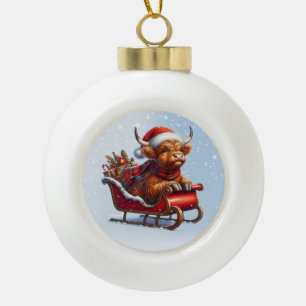 Scottish highland Santa cow in sled Ceramic Ball Christmas Ornament