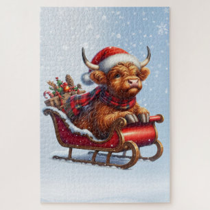 Scottish highland Santa cow in sled Jigsaw Puzzle
