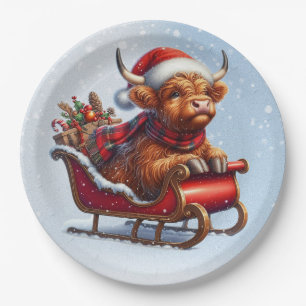 Scottish highland Santa cow in sled Paper Plate