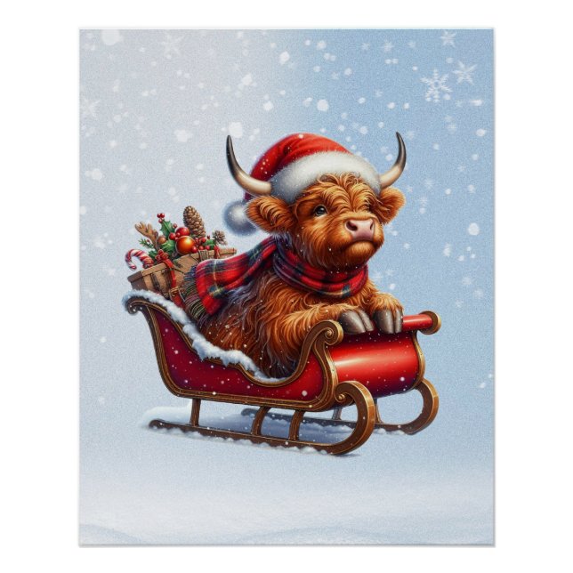Scottish highland Santa cow in sled Poster (Front)