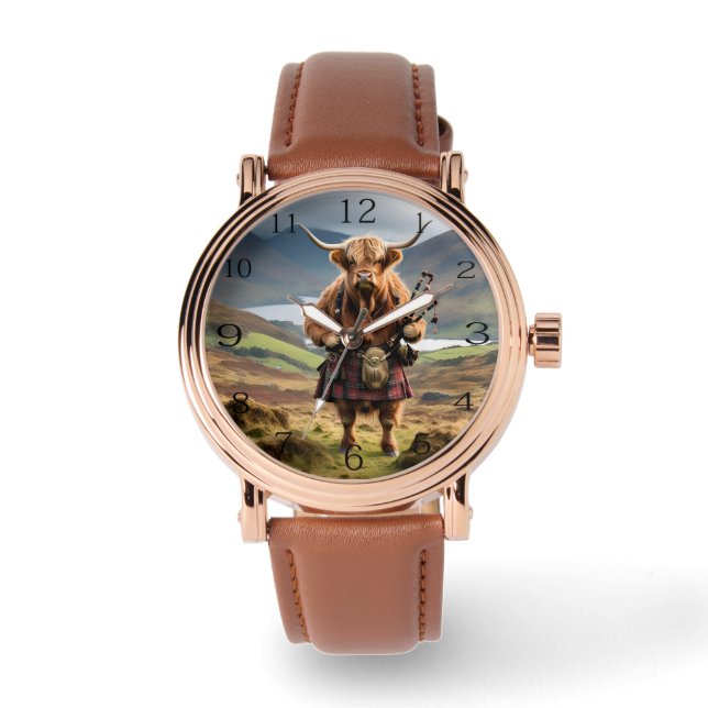 Scottish Humor: Highland Cow Bagpiper Watch (Front)