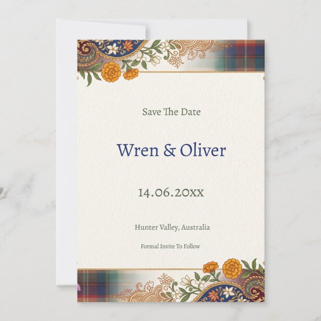 Scottish Indian Heritage Wedding Save the Date | T (Front)