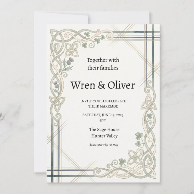 Scottish Irish Shamrock Thistle Wedding Invitation (Front)