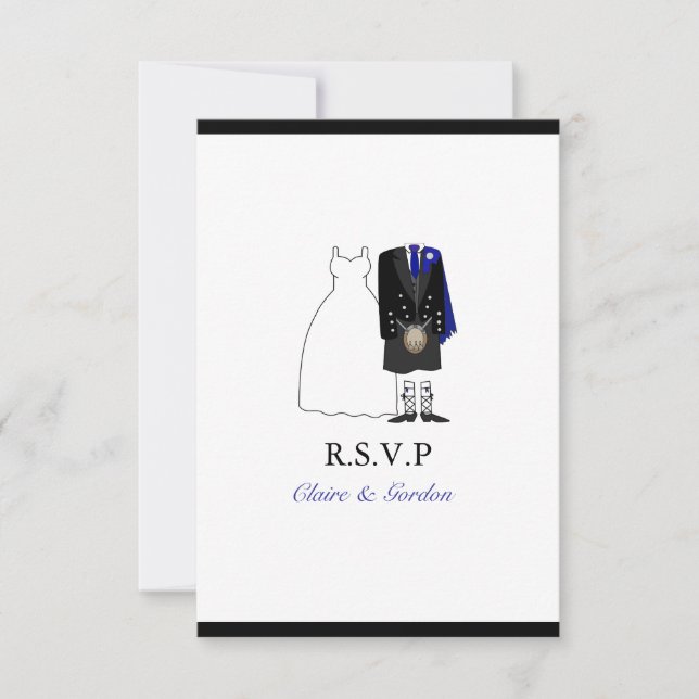 Scottish Kilt Bride & Groom Wedding RSVP -Blue (Front)