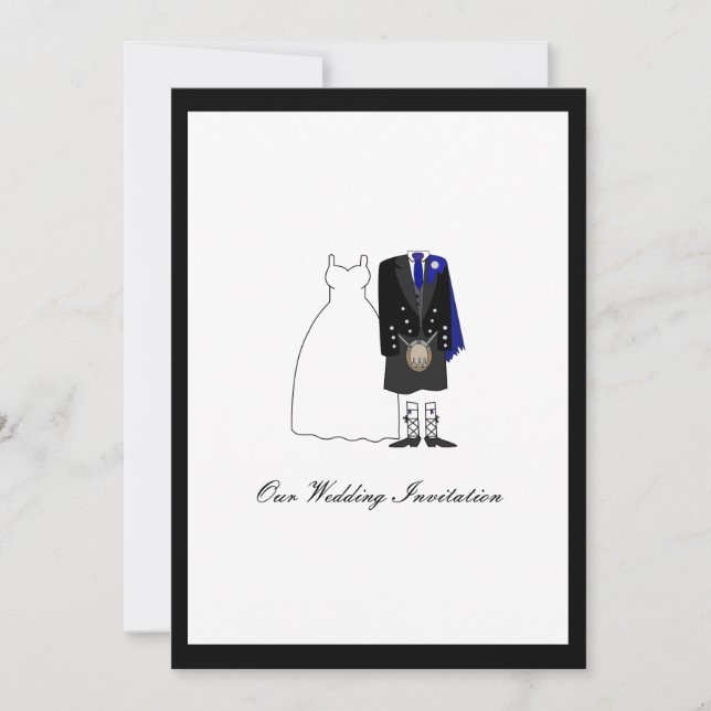 Scottish Kilt Wedding Invitation - Blue & Black (Front)