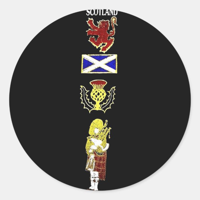 Scottish Lion, Thistle, Flag and Piper in Tartan Classic Round Sticker (Front)