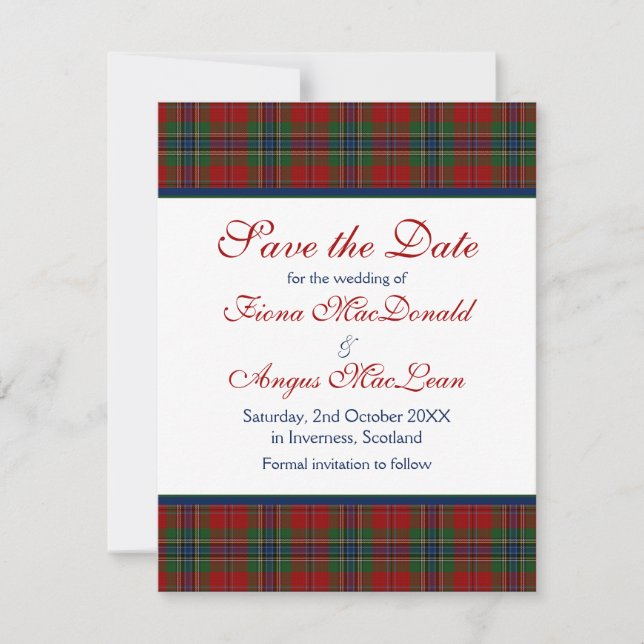 Scottish MacLean Tartan Wedding Save the Date Card (Front)