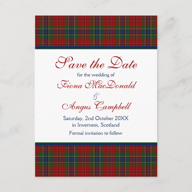 Scottish McLean MacLean Tartan Wedding Save a Date Announcement Postcard (Front)