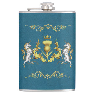 Scottish Personalized Gold Thistle Blue Hip Flask