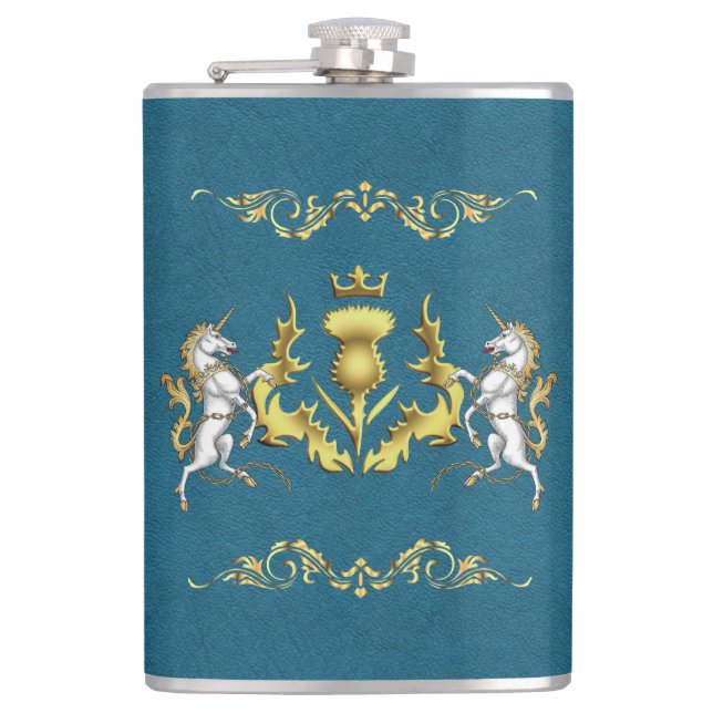 Scottish Personalized Gold Thistle Blue  Hip Flask (Front)