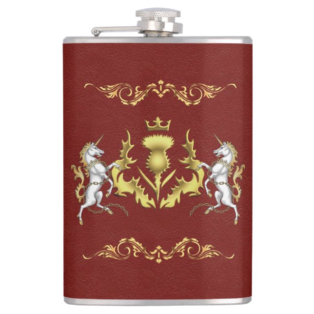 Scottish Personalized Gold Thistle Red Hip Flask (Front)