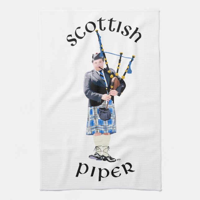 Scottish Piper - Blue Plaid Kitchen Towel (Vertical)