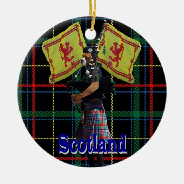 Scottish piper on tartan ceramic ornament (Front)