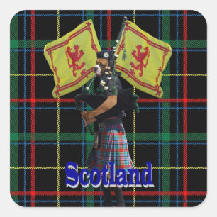 Scottish piper on tartan square sticker
