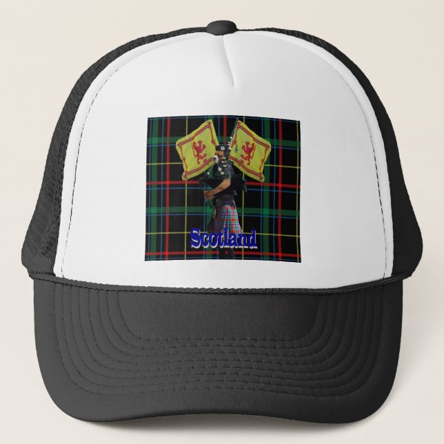 Scottish piper on tartan trucker hat (Front)