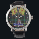 Scottish piper on tartan watch<br><div class="desc">Funny dog character dressed as a Scottish bagpiper wearing a red kilt on a green vintage tartan striped background and patriotic lion rampant flags of Scotland and blue Scotland. Visit the VINTAGEPRINTS STORE for matching products and more fun cute animal character collages. Keep or delete the numbers / numerals. Choose...</div>