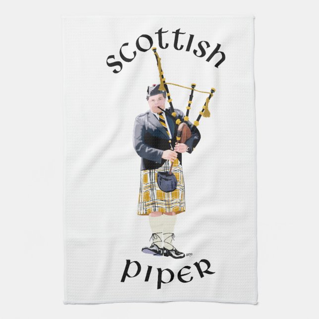 Scottish Piper - Tan Plaid Kitchen Towel (Vertical)