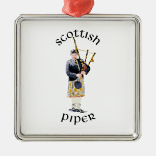 Scottish Piper - Tan Plaid Metal Ornament