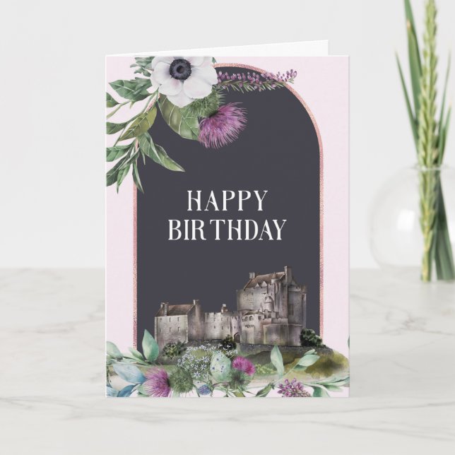 Scottish Purple Flowers Castle Birthday Card (Front)