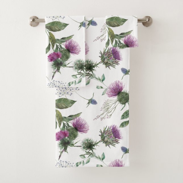 Scottish Purple Thistle Watercolor Bath Towel Set (Insitu)