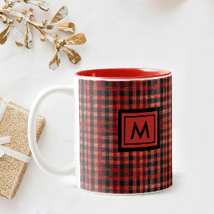 Scottish Red Gingham Tartan Pattern Monogram Two-Tone Coffee Mug