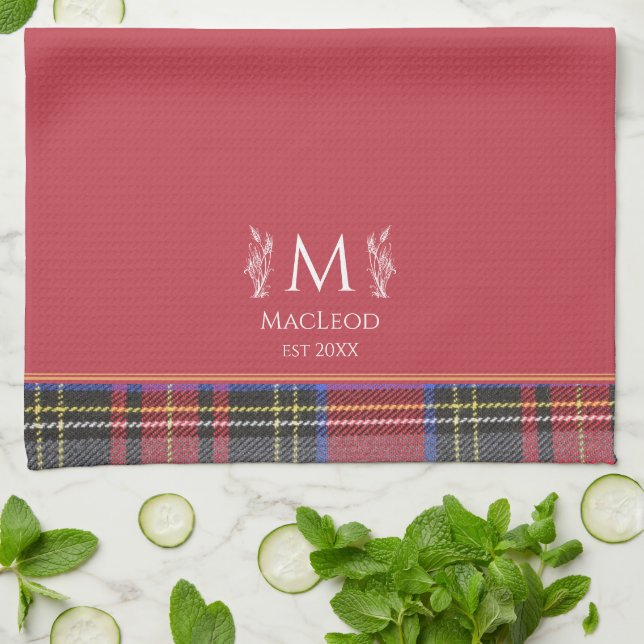 Scottish Red Tartan Custom Monogram Traditional Kitchen Towel (Folded)
