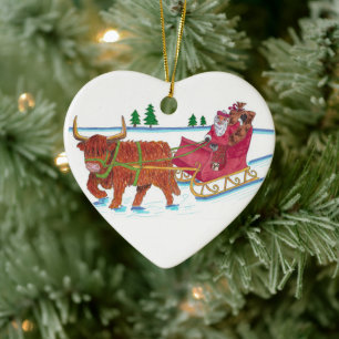 Scottish Santa with Highland Cow pulling sleigh Ceramic Ornament