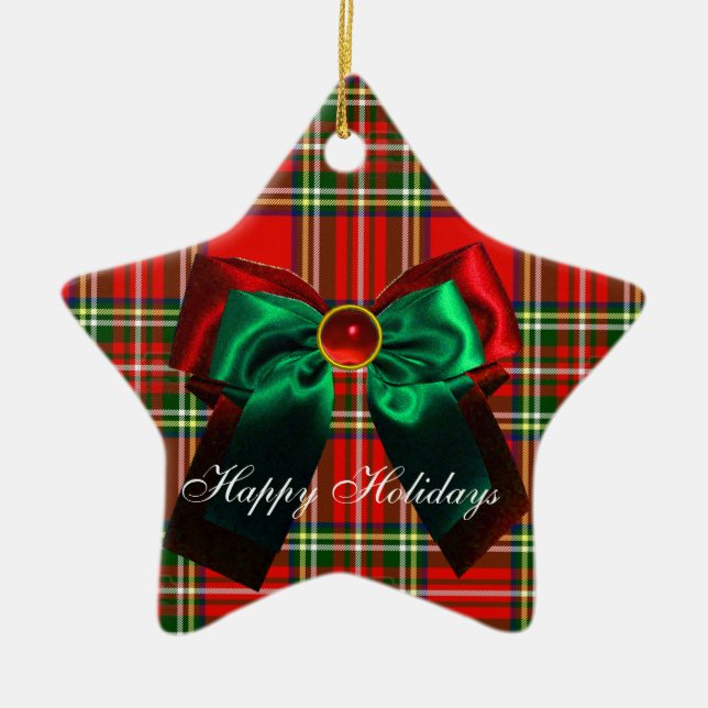 SCOTTISH TARTAN AND RED GREEN CHRISTMAS BOWS STAR CERAMIC ORNAMENT (Front)