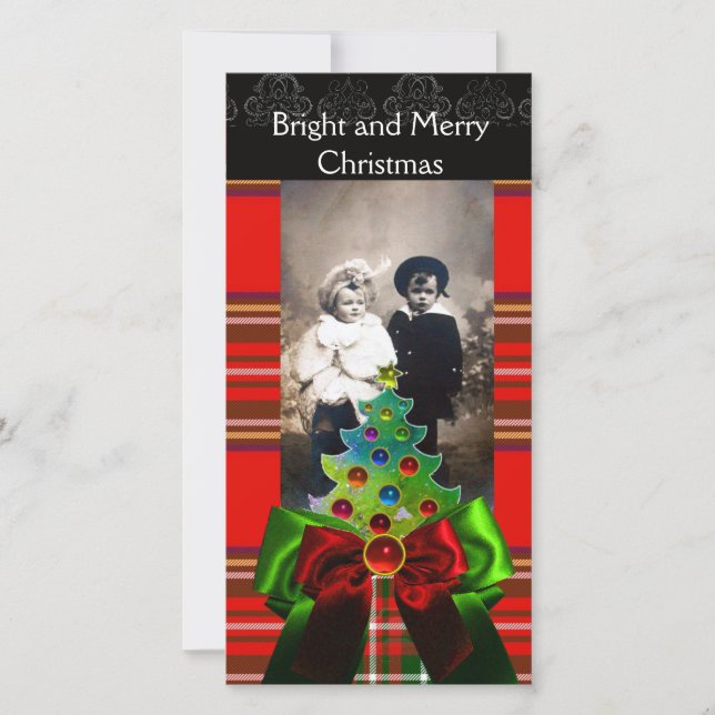 SCOTTISH TARTAN,CHRISTMAS TREE AND RED GREEN BOWS HOLIDAY CARD (Front)