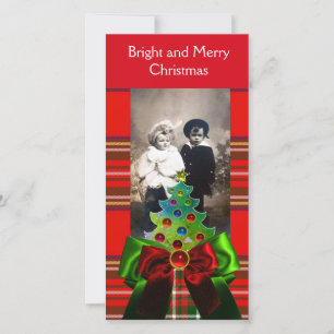SCOTTISH TARTAN,CHRISTMAS TREE AND RED GREEN BOWS HOLIDAY CARD