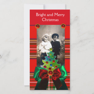 SCOTTISH TARTAN,CHRISTMAS TREE AND RED GREEN BOWS HOLIDAY CARD