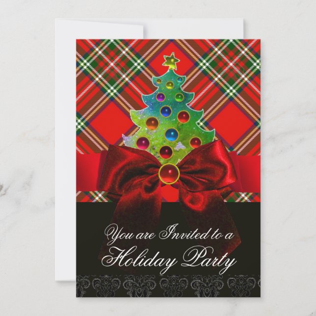 SCOTTISH TARTAN ,RED BOW AND CHRISTMAS TREE INVITATION (Front)