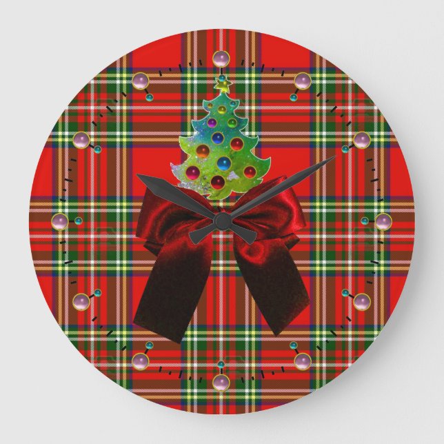SCOTTISH TARTAN ,RED BOW AND CHRISTMAS TREE LARGE CLOCK (Front)