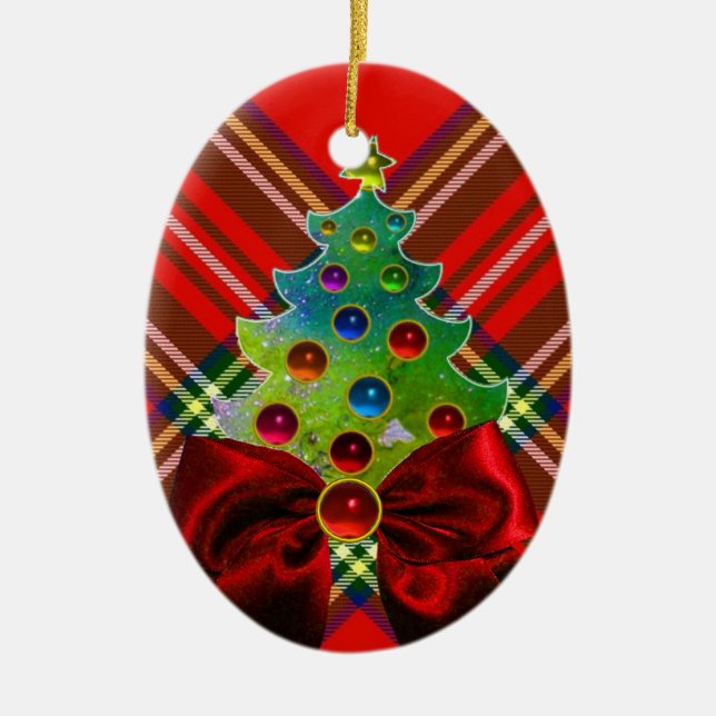 SCOTTISH TARTAN ,RED GREEN BOWS AND CHRISTMAS TREE CERAMIC ORNAMENT (Front)