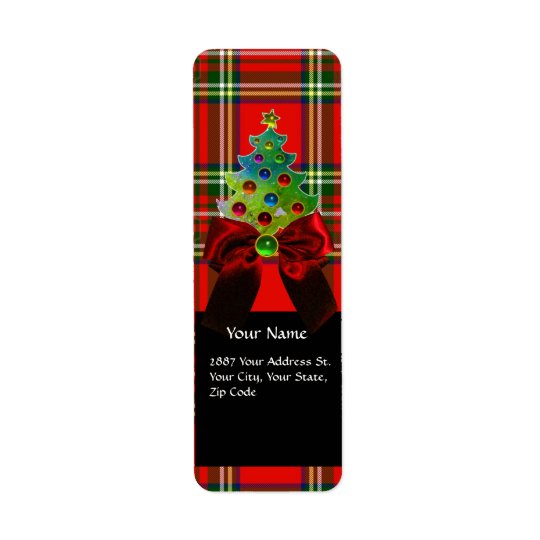 SCOTTISH TARTAN ,RED GREEN BOWS AND CHRISTMAS TREE RETURN ADDRESS LABEL