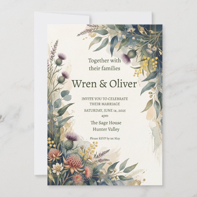 Scottish Tartan Thistle Floral Wedding Invitation (Front)