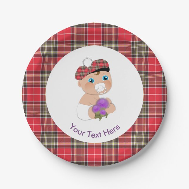 Scottish Tartan |Thistle Flower Cute Baby Shower Paper Plate (Front)