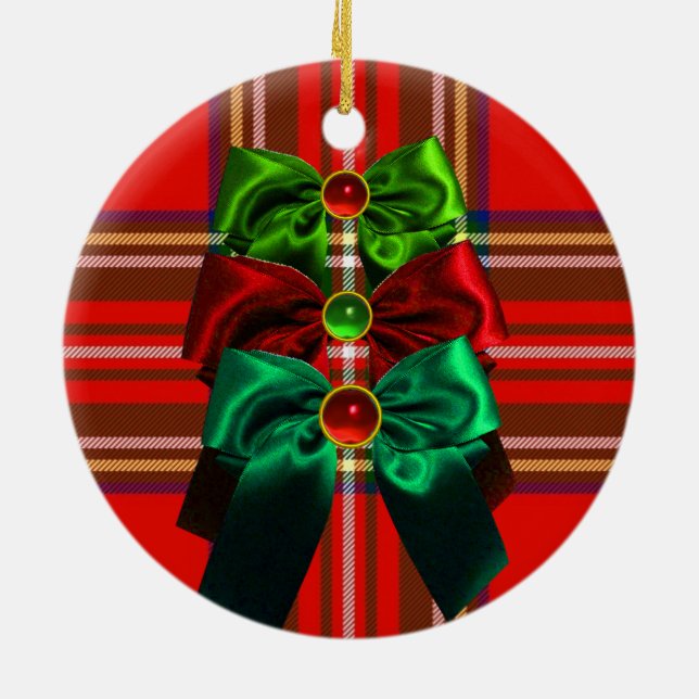 SCOTTISH TARTAN WITH RED GREEN CHRISTMAS BOWS CERAMIC ORNAMENT (Back)