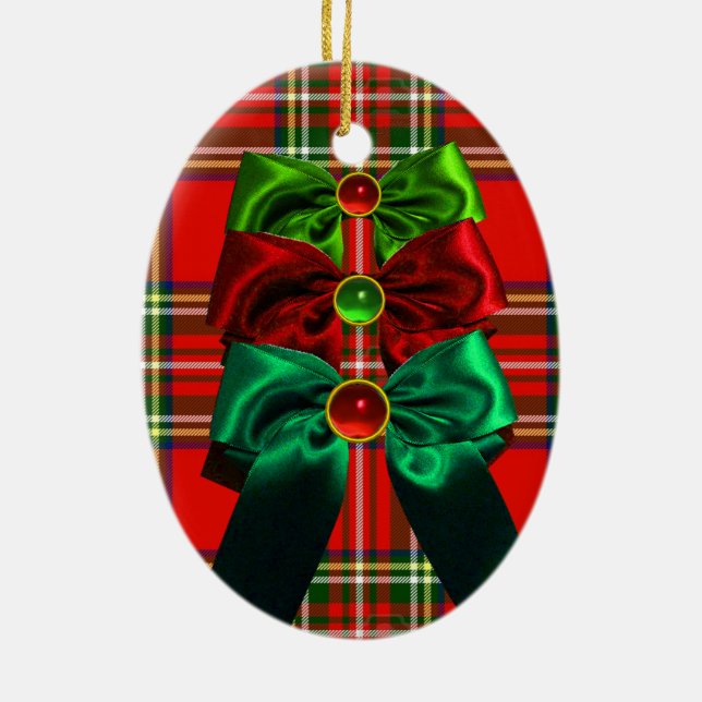 SCOTTISH TARTAN WITH RED GREEN CHRISTMAS BOWS CERAMIC ORNAMENT (Back)