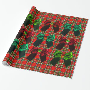 SCOTTISH TARTAN WITH RED GREEN CHRISTMAS BOWS WRAPPING PAPER