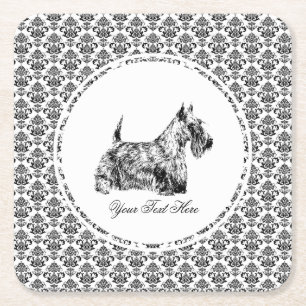 Scottish Terrier and Floral Personalize Square Paper Coaster
