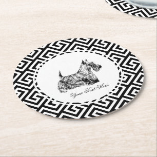 Scottish Terrier and Greek Key Personalize Round Paper Coaster