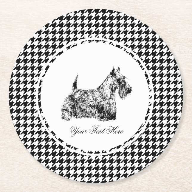 Scottish Terrier and Houndstooth Personalize Round Paper Coaster (Front)