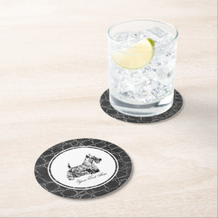 Scottish Terrier and Leather Pattern Personalize Round Paper Coaster