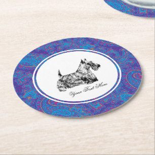 Scottish Terrier and Paisley Personalize Round Paper Coaster