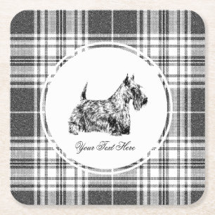 Scottish Terrier and Plaid Personalize Square Paper Coaster
