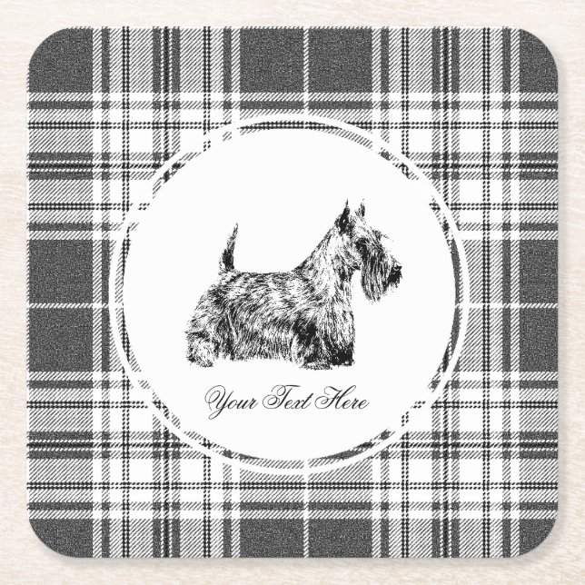 Scottish Terrier and Plaid Personalize Square Paper Coaster (Front)